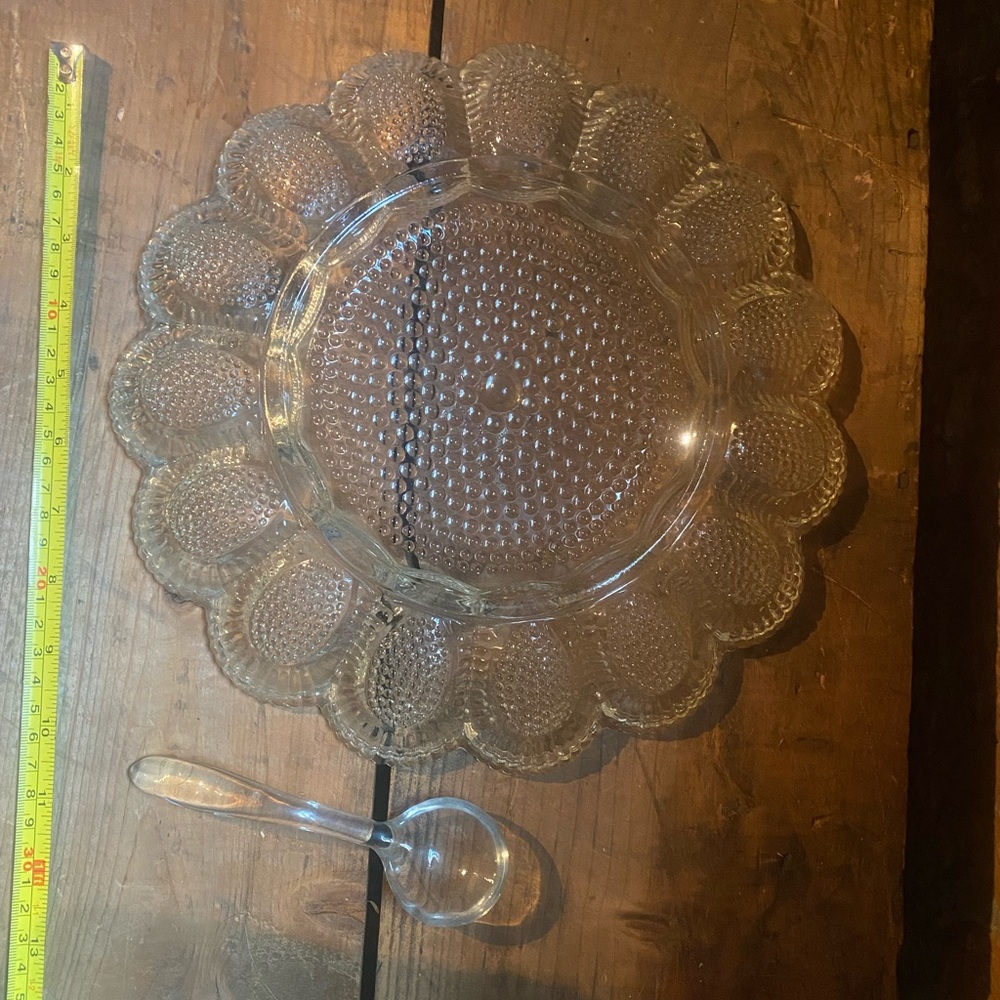 Vintage Elegant Clear Glass Serving Platter Deviled Egg With Spoon